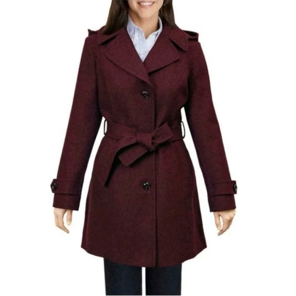 London Fog Jackets & Blazers - London Fog NWT Coat Wool Blend Belted Burgundy Purple Hooded Sz XXL